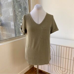 Textured Rib V-Neck Pocket Tee — Sage/Olive Stripe (Size S)
